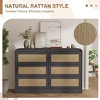 Commode à 6 tiroirs en rotin de 117 cm de large, commode bohème moderne avec poignées dorées, meuble de rangement pour chambre, salon, couloir (noir)