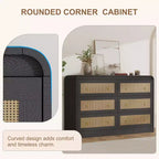Commode à 6 tiroirs en rotin de 117 cm de large, commode bohème moderne avec poignées dorées, meuble de rangement pour chambre, salon, couloir (noir)
