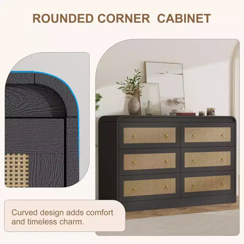 Commode à 6 tiroirs en rotin de 117 cm de large, commode bohème moderne avec poignées dorées, meuble de rangement pour chambre, salon, couloir (noir)