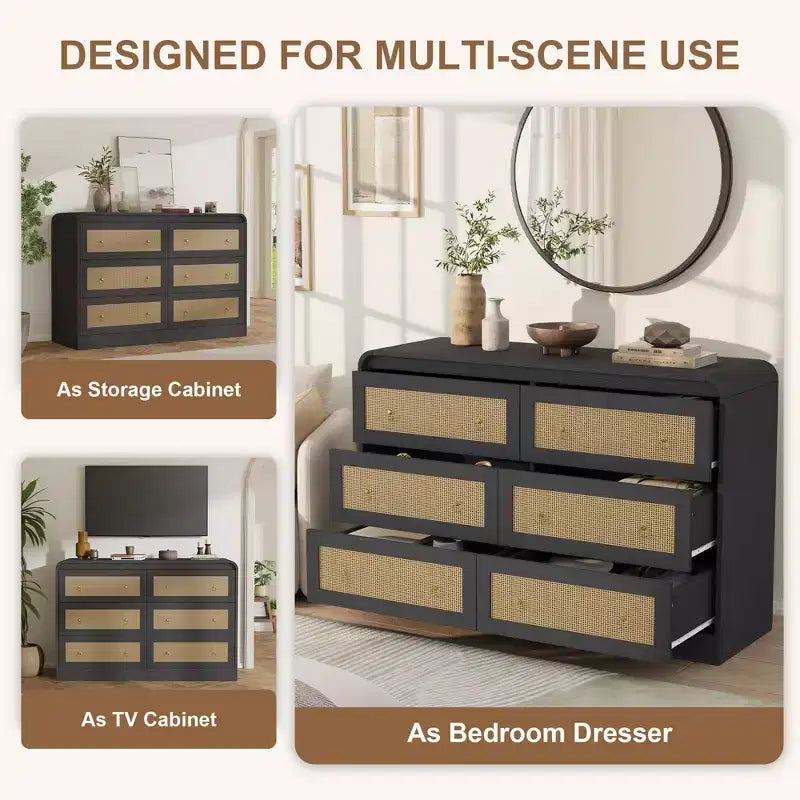 Commode à 6 tiroirs en rotin de 117 cm de large, commode bohème moderne avec poignées dorées, meuble de rangement pour chambre, salon, couloir (noir)