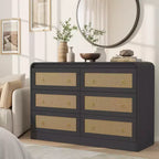 46'' Wide Rattan 6-Drawer Dresser, Modern Boho Chest of Drawers with Gold Handles, Storage Organizer for Bedroom, Living Room, Hallway (Black)