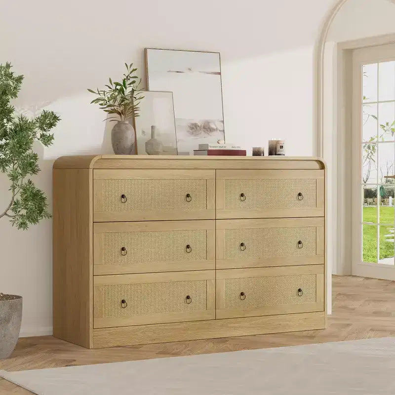 Commode à 6 tiroirs en rotin de 117 cm de large, commode bohème moderne avec poignées dorées, meuble de rangement pour chambre, salon, couloir (noir)