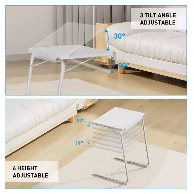 Plateau TV avec porte-gobelets, table d'appoint portable en forme de C, réglable 6 hauteurs 3 angles d'inclinaison pour salon, chambre, blanc