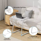 Plateau TV avec porte-gobelets, table d'appoint portable en forme de C, réglable 6 hauteurs 3 angles d'inclinaison pour salon, chambre, blanc