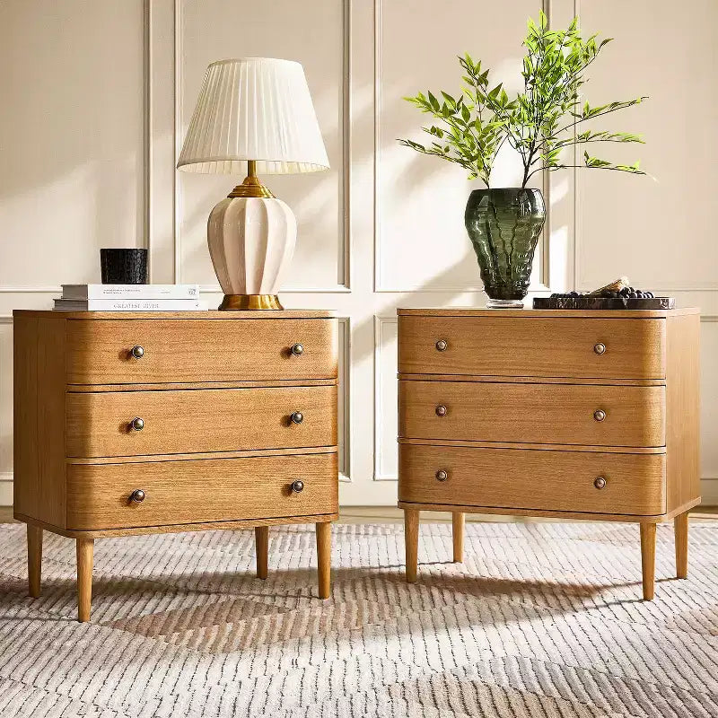 Noah Modern 26W 3-Drawer End Table Set of 2 with Solid Wood Legs Built-in Outlet|ART OF LIVING DESIGNS-OAK