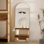 Miroir sur pied plein corps arqué – Miroir de plain-pied avec cadre en métal pour chambre ou salon, fixation murale ou support inclus