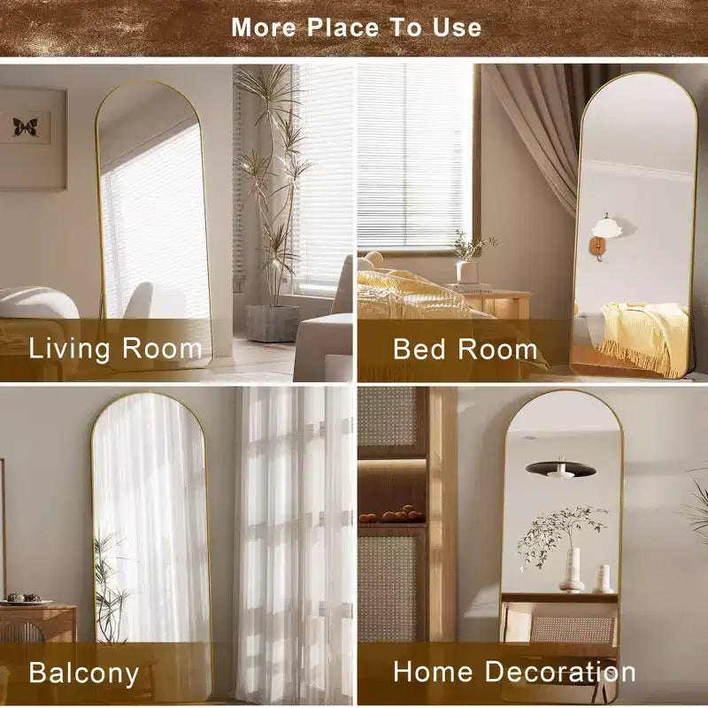Miroir sur pied plein corps arqué – Miroir de plain-pied avec cadre en métal pour chambre ou salon, fixation murale ou support inclus