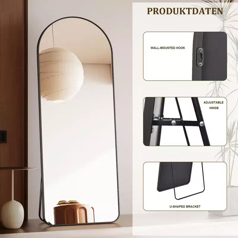 Miroir sur pied plein corps arqué – Miroir de plain-pied avec cadre en métal pour chambre ou salon, fixation murale ou support inclus