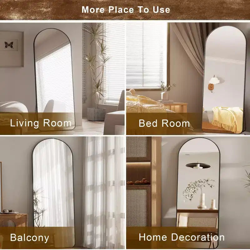 Miroir sur pied plein corps arqué – Miroir de plain-pied avec cadre en métal pour chambre ou salon, fixation murale ou support inclus