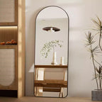 Miroir sur pied plein corps arqué – Miroir de plain-pied avec cadre en métal pour chambre ou salon, fixation murale ou support inclus