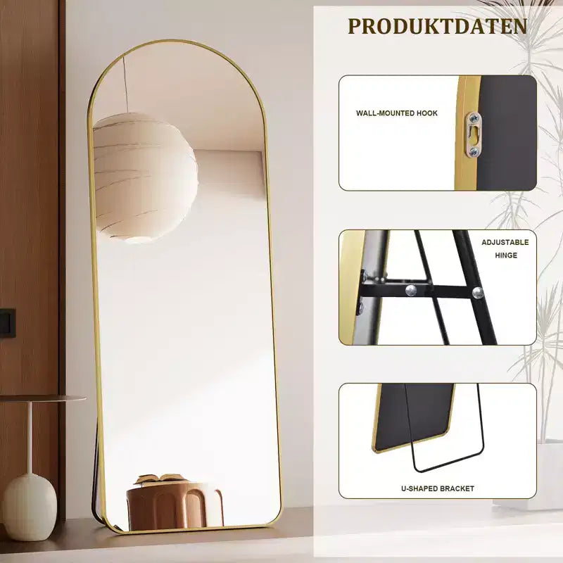 Miroir sur pied plein corps arqué – Miroir de plain-pied avec cadre en métal pour chambre ou salon, fixation murale ou support inclus