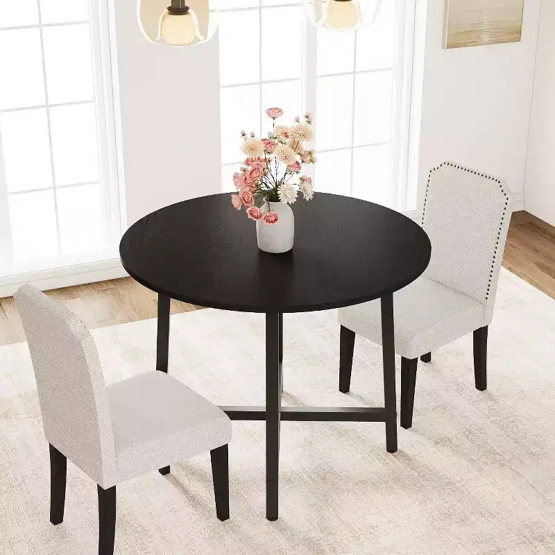 31.5in Round Kitchen Table For Small Spaces, Modern Farmhouse Dining Table With Steel Frame And Water Resistant Wood Top For Apartment Studio