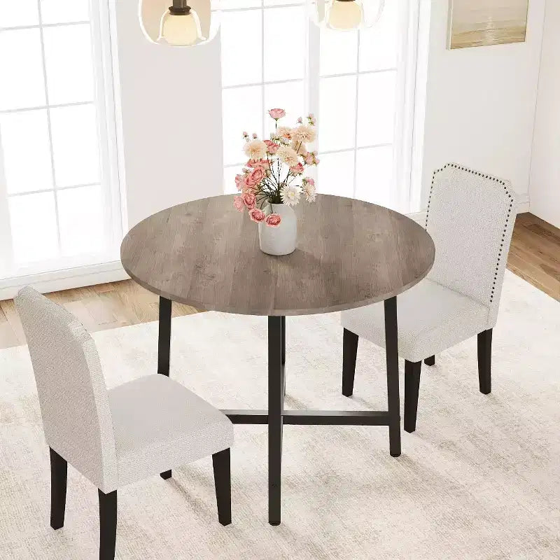 Table de cuisine ronde de 80 cm pour petits espaces, table à manger moderne style ferme avec cadre en acier et plateau en bois résistant à l'eau pour appartement studio