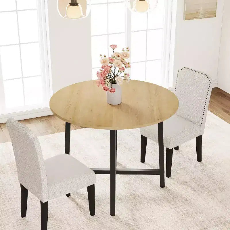 Table de cuisine ronde de 80 cm pour petits espaces, table à manger moderne style ferme avec cadre en acier et plateau en bois résistant à l'eau pour appartement studio