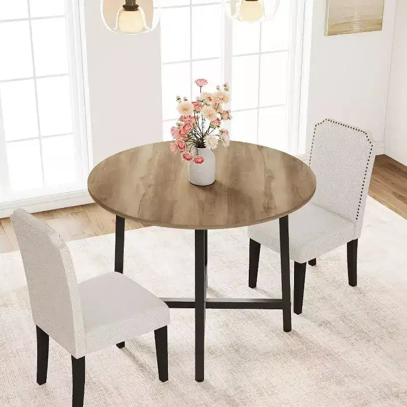 Table de cuisine ronde de 80 cm pour petits espaces, table à manger moderne style ferme avec cadre en acier et plateau en bois résistant à l'eau pour appartement studio