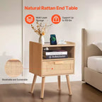 Rattan Nightstand End Table with Drawer and Open Shelf Boho Bedside Table