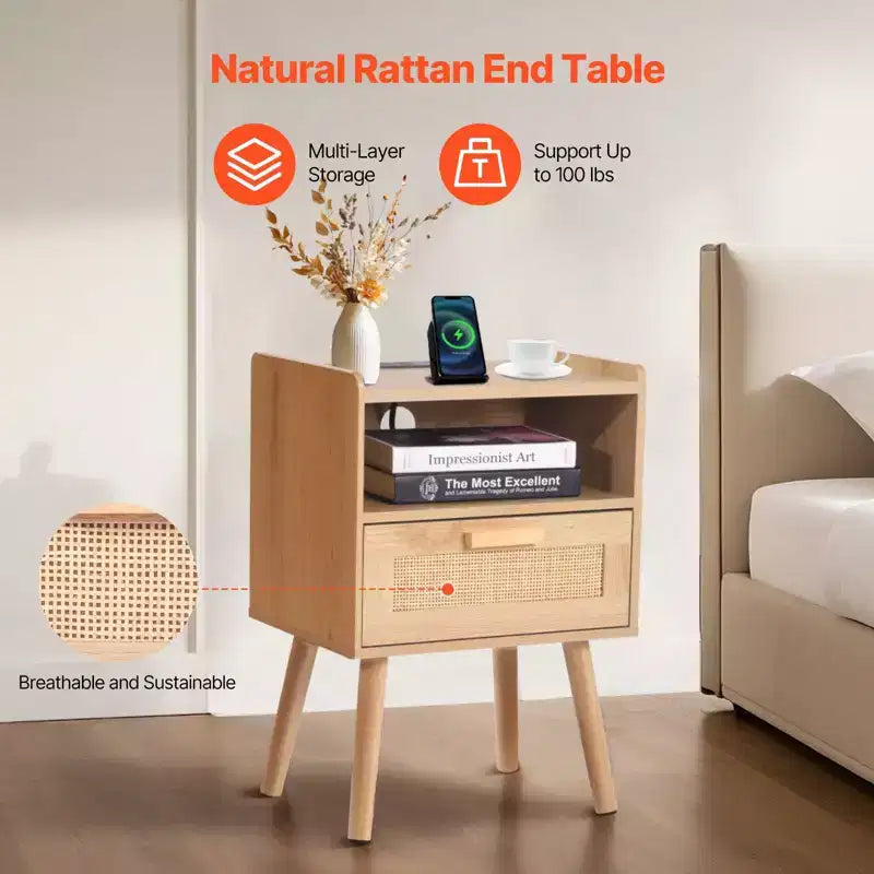 Rattan Nightstand End Table with Drawer and Open Shelf Boho Bedside Table