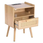 Rattan Nightstand End Table with Drawer and Open Shelf Boho Bedside Table