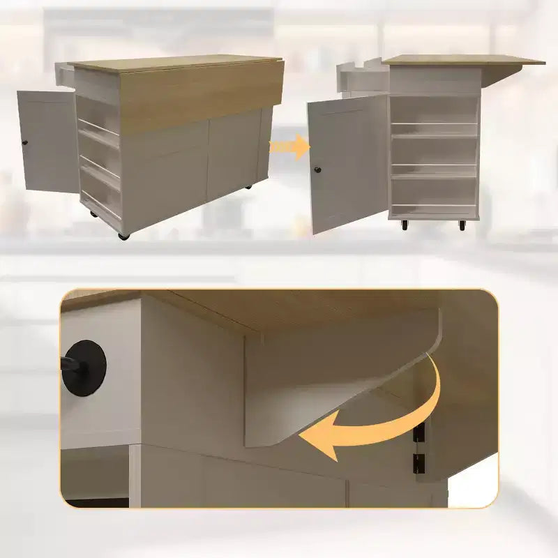 47,2 Chariot de cuisine mobile sur roulettes, îlot de cuisine roulant avec comptoir rabattable, station de recharge, étagères coulissantes et grand espace de rangement