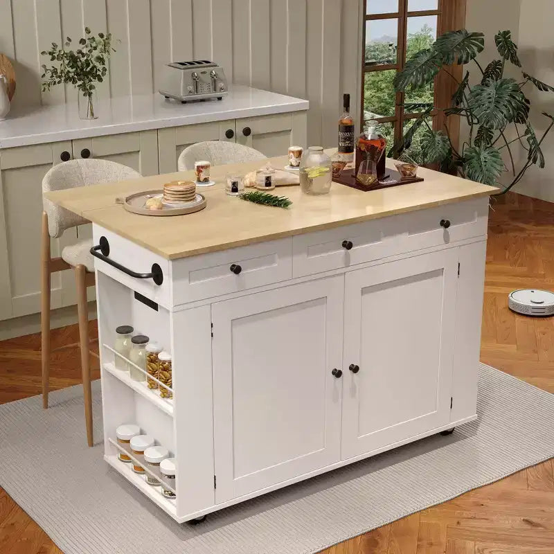 47,2 Chariot de cuisine mobile sur roulettes, îlot de cuisine roulant avec comptoir rabattable, station de recharge, étagères coulissantes et grand espace de rangement
