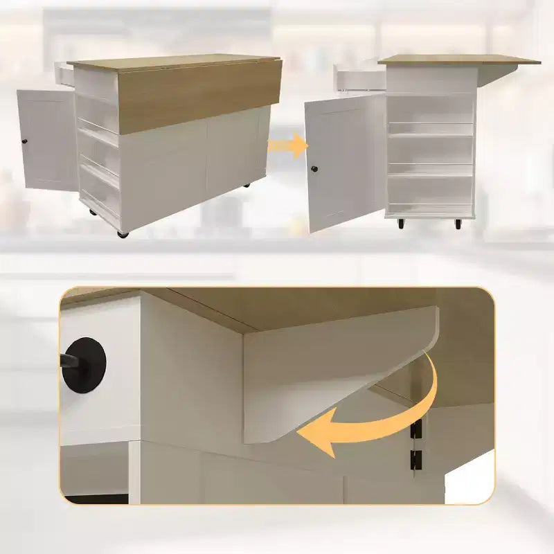47,2 Chariot de cuisine mobile sur roulettes, îlot de cuisine roulant avec comptoir rabattable, station de recharge, étagères coulissantes et grand espace de rangement