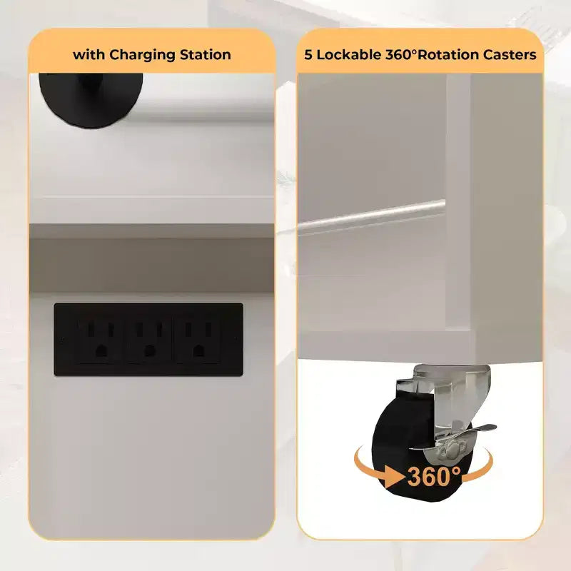 47,2 Chariot de cuisine mobile sur roulettes, îlot de cuisine roulant avec comptoir rabattable, station de recharge, étagères coulissantes et grand espace de rangement