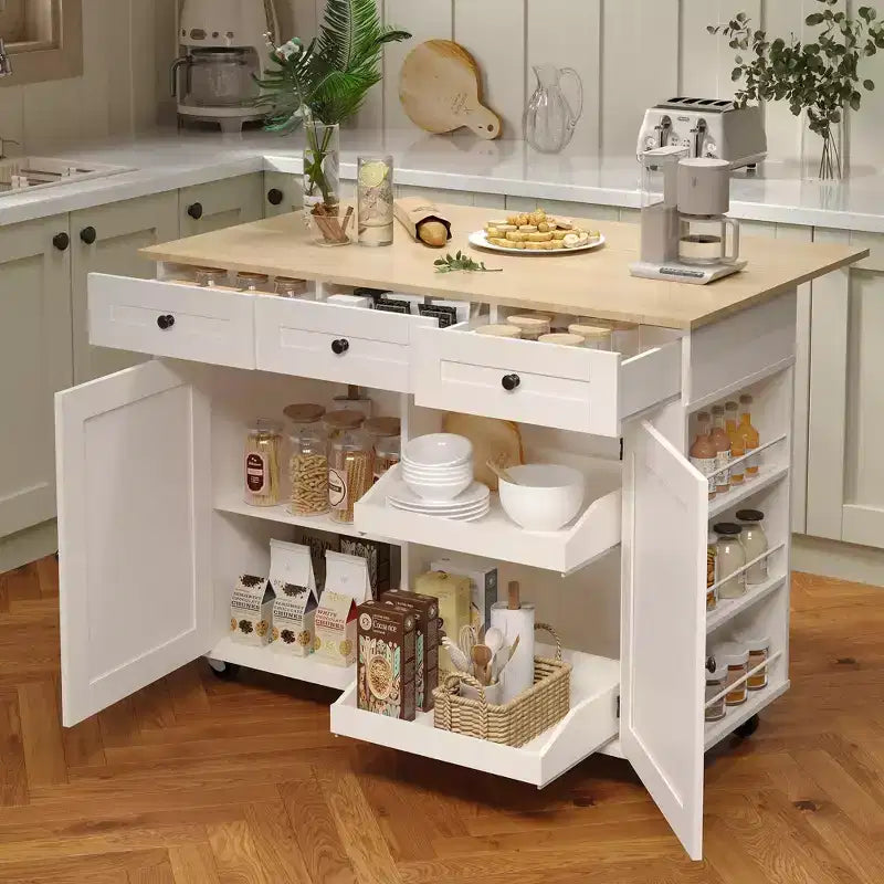 47,2 Chariot de cuisine mobile sur roulettes, îlot de cuisine roulant avec comptoir rabattable, station de recharge, étagères coulissantes et grand espace de rangement