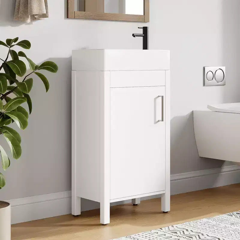 Meuble-lavabo de salle de bain moderne peu encombrant avec vasque - Meuble autonome en bois de 40 cm, poignée en métal, style rustique, montage facile