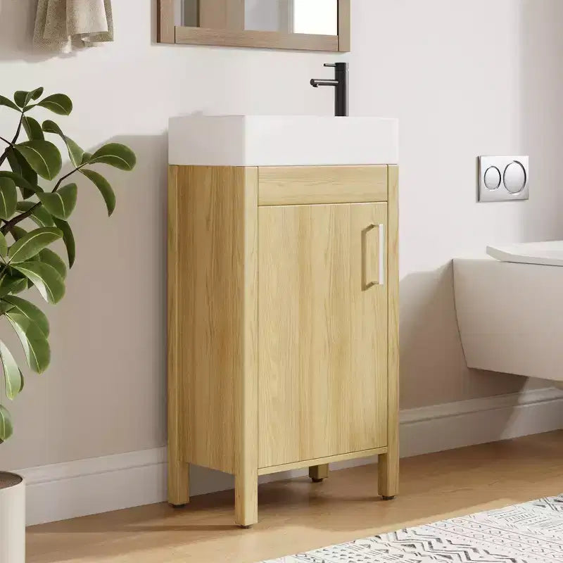 Meuble-lavabo de salle de bain moderne peu encombrant avec vasque - Meuble autonome en bois de 40 cm, poignée en métal, style rustique, montage facile