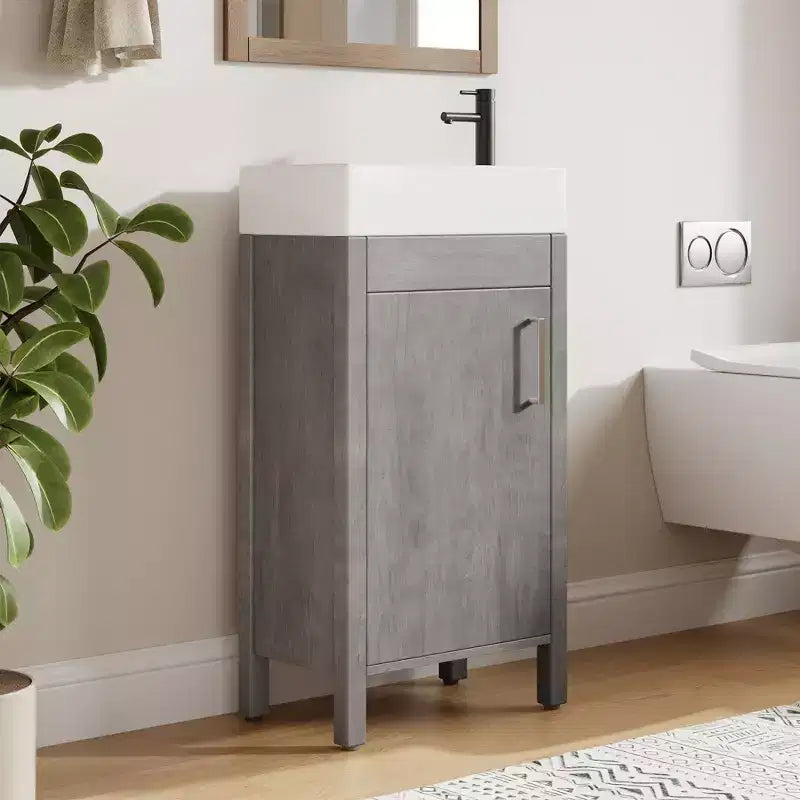 Meuble-lavabo de salle de bain moderne peu encombrant avec vasque - Meuble autonome en bois de 40 cm, poignée en métal, style rustique, montage facile