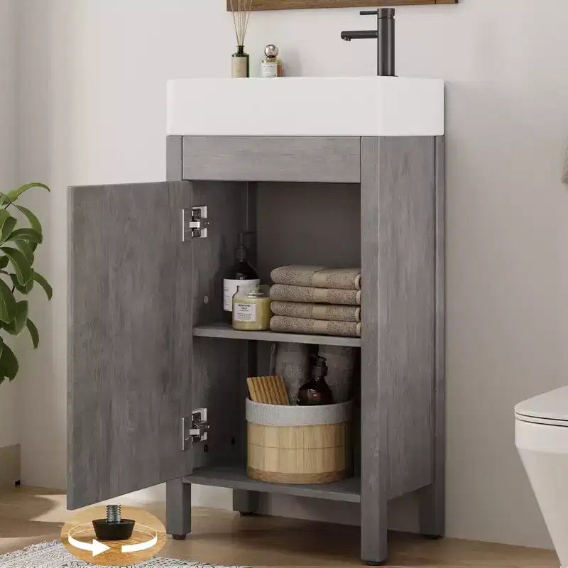 Space-Saving Modern Bathroom Vanity with basin - 16 Inch Freestanding Wooden Cabinet, Metal Handle, Farmhouse Style, Easy Assembly