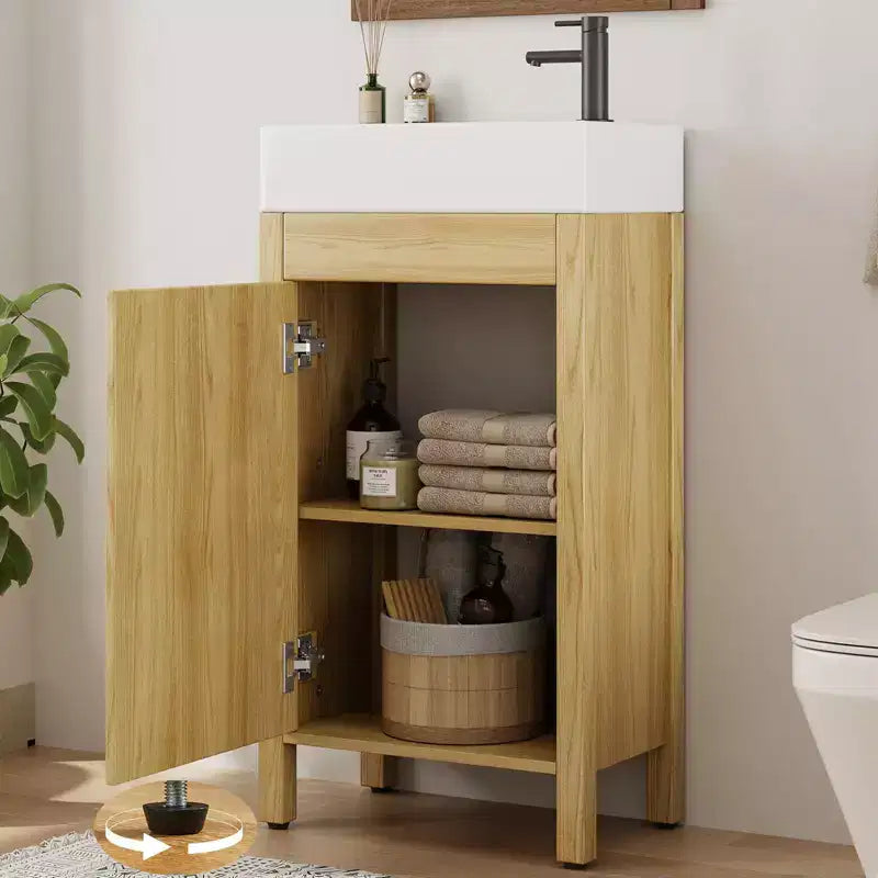 Meuble-lavabo de salle de bain moderne peu encombrant avec vasque - Meuble autonome en bois de 40 cm, poignée en métal, style rustique, montage facile