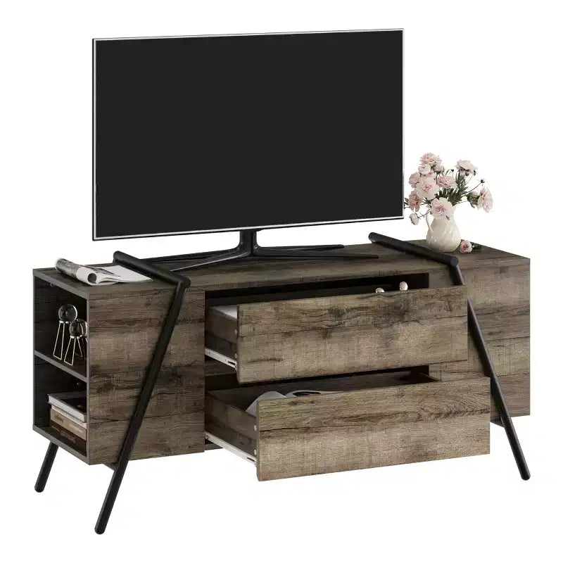 Meuble TV jusqu'à 60 pouces, Meuble TV moderne avec tiroirs de rangement et pieds en métal en forme de U, Console multimédia pour salon