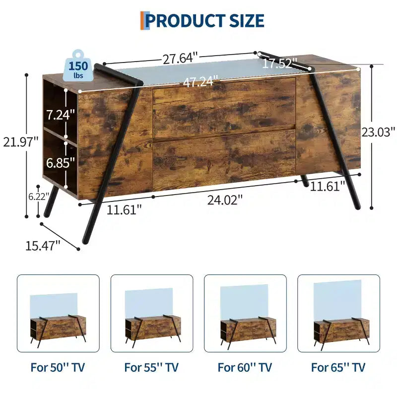 Meuble TV jusqu'à 60 pouces, Meuble TV moderne avec tiroirs de rangement et pieds en métal en forme de U, Console multimédia pour salon