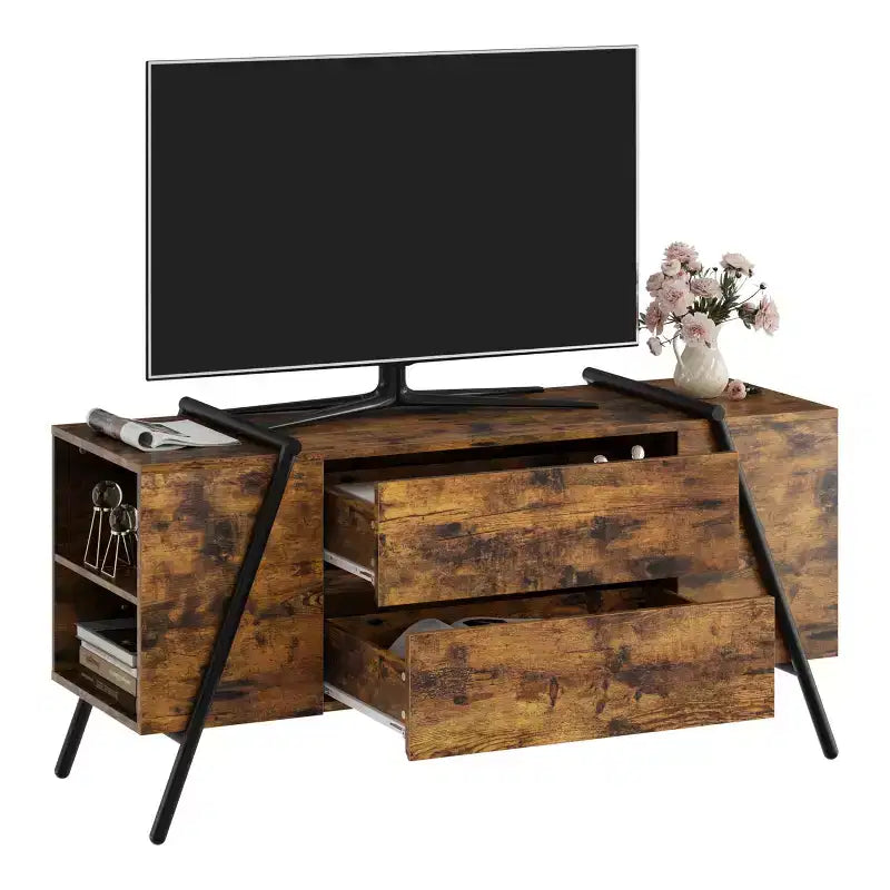 Meuble TV jusqu'à 60 pouces, Meuble TV moderne avec tiroirs de rangement et pieds en métal en forme de U, Console multimédia pour salon