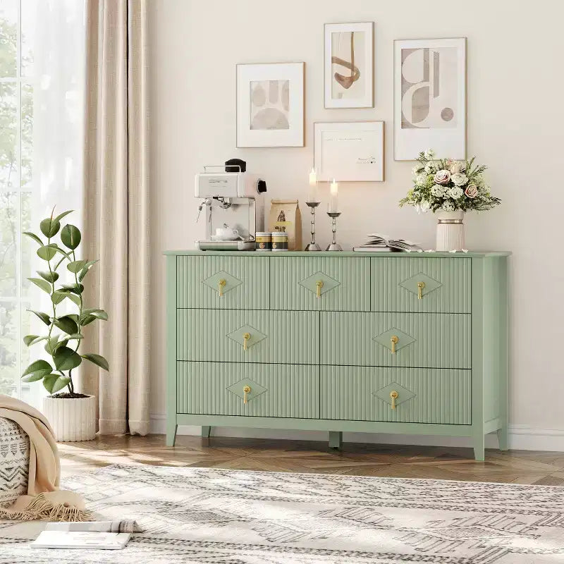 Commode moderne de 137 cm de large à 7 tiroirs avec poignées métalliques, commode en bois et meuble de rangement pour chambre, salon et entrée