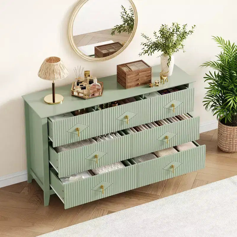 Commode moderne de 137 cm de large à 7 tiroirs avec poignées métalliques, commode en bois et meuble de rangement pour chambre, salon et entrée