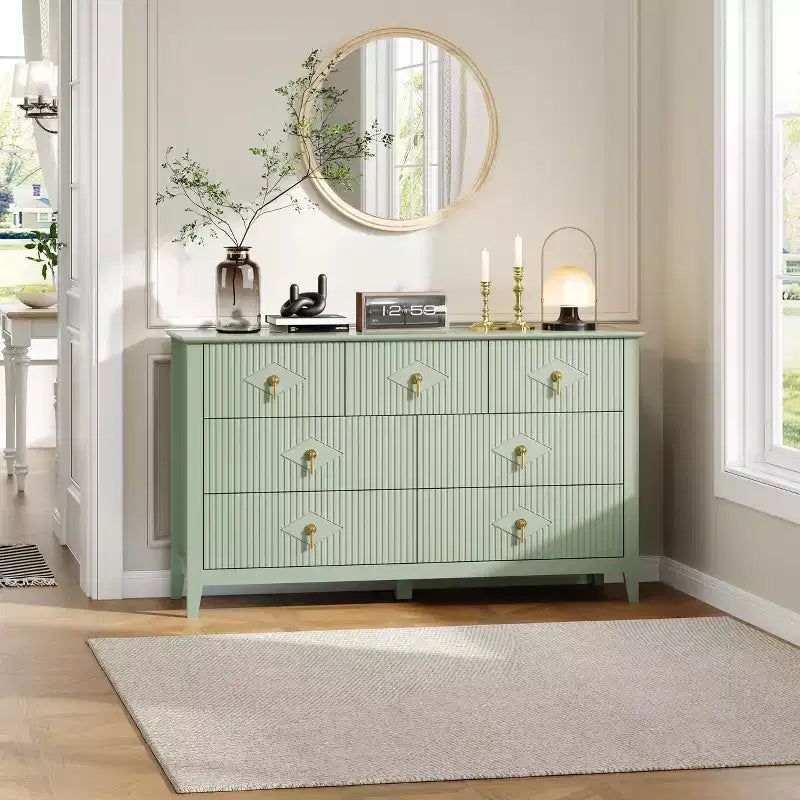 Commode moderne de 137 cm de large à 7 tiroirs avec poignées métalliques, commode en bois et meuble de rangement pour chambre, salon et entrée