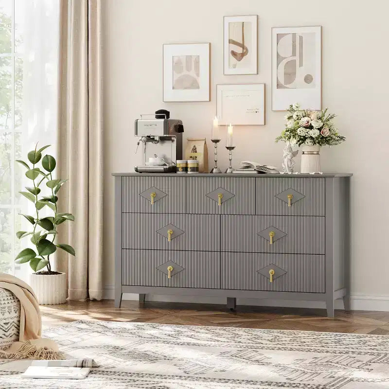 Commode moderne de 137 cm de large à 7 tiroirs avec poignées métalliques, commode en bois et meuble de rangement pour chambre, salon et entrée