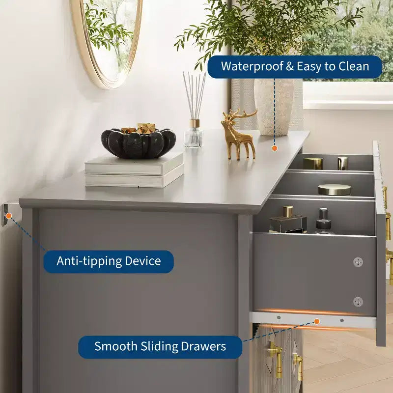 Commode moderne de 137 cm de large à 7 tiroirs avec poignées métalliques, commode en bois et meuble de rangement pour chambre, salon et entrée