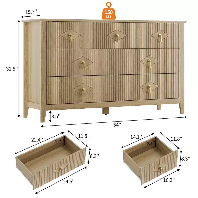 Commode moderne de 137 cm de large à 7 tiroirs avec poignées métalliques, commode en bois et meuble de rangement pour chambre, salon et entrée
