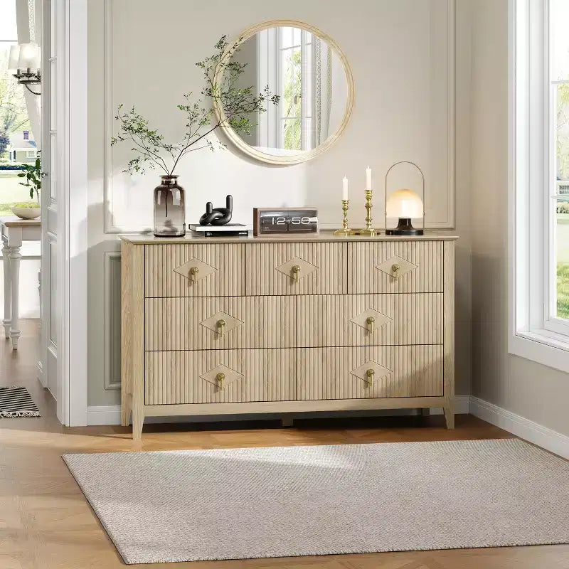 Commode moderne de 137 cm de large à 7 tiroirs avec poignées métalliques, commode en bois et meuble de rangement pour chambre, salon et entrée