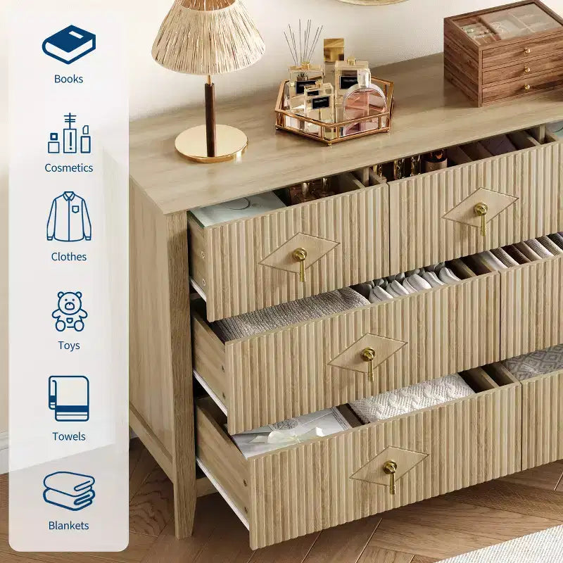 Commode moderne de 137 cm de large à 7 tiroirs avec poignées métalliques, commode en bois et meuble de rangement pour chambre, salon et entrée