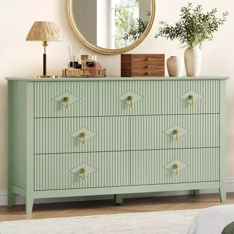 Commode moderne de 137 cm de large à 7 tiroirs avec poignées métalliques, commode en bois et meuble de rangement pour chambre, salon et entrée