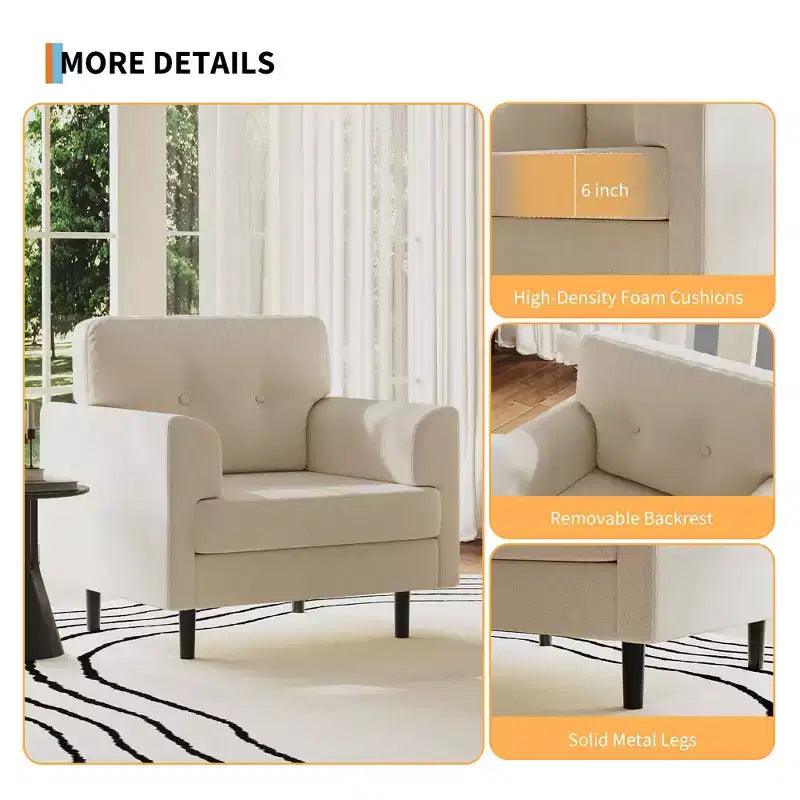 Fauteuil d'appoint ergonomique en lin de 38 pouces de large, fauteuil moderne une place avec mousse haute densité et accoudoirs larges pour le salon, le bureau et la chambre à coucher