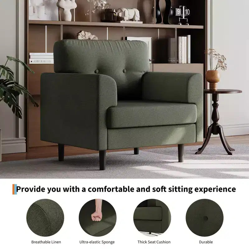 Fauteuil d'appoint ergonomique en lin de 38 pouces de large, fauteuil moderne une place avec mousse haute densité et accoudoirs larges pour le salon, le bureau et la chambre à coucher