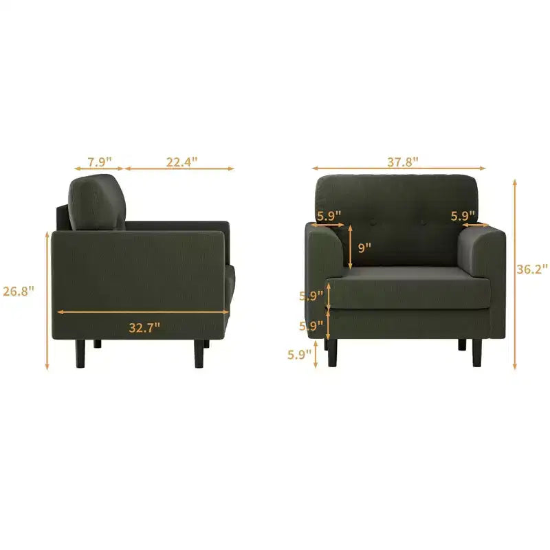 Fauteuil d'appoint ergonomique en lin de 38 pouces de large, fauteuil moderne une place avec mousse haute densité et accoudoirs larges pour le salon, le bureau et la chambre à coucher
