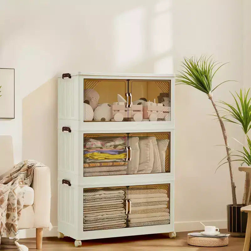 Compact Stackable Plastic Storage Bin with Lid, Collapsible Storage Drawer, Magnetic Doors, for Home, Office