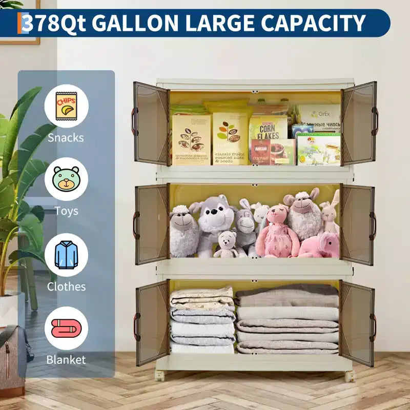 Compact Stackable Plastic Storage Bin with Lid, Collapsible Storage Drawer, Magnetic Doors, for Home, Office