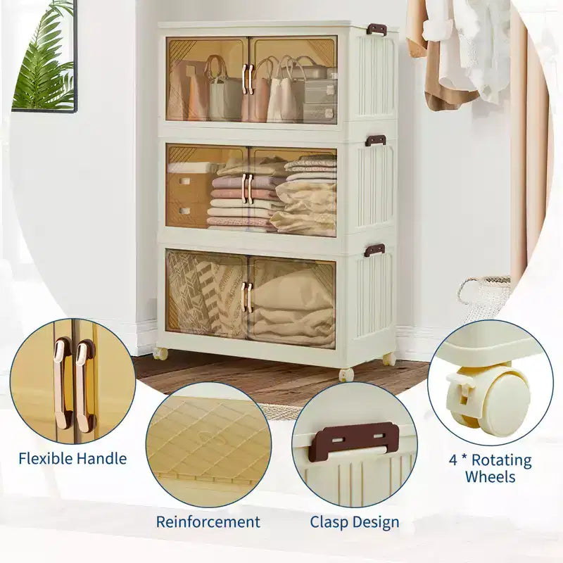 Compact Stackable Plastic Storage Bin with Lid, Collapsible Storage Drawer, Magnetic Doors, for Home, Office